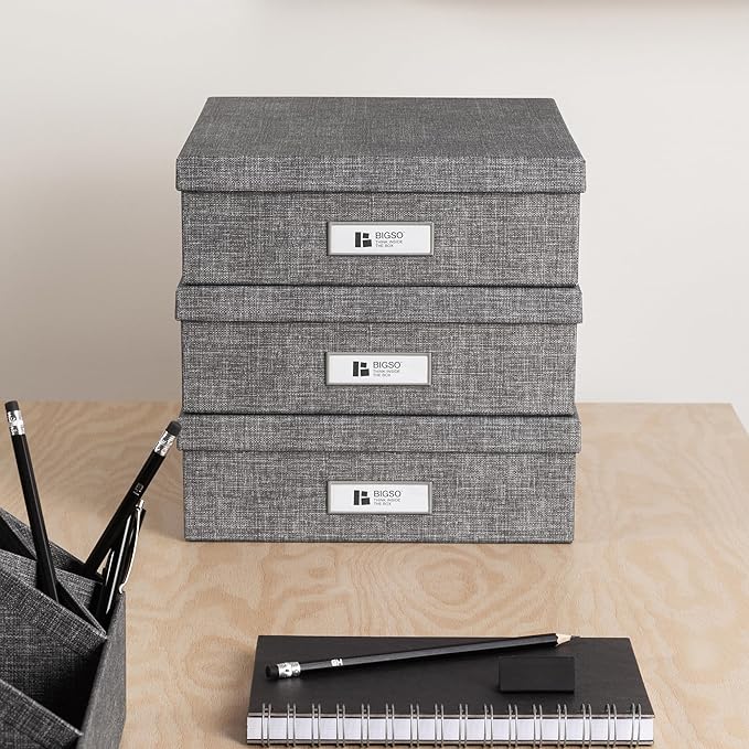 Bigso Oskar Canvas Fiberboard Document Letter Box for Important Paperwork A4 or Letter Size - Durable Keepsake Box with Lid and Metal Label Holder - 3.3in x 10.2in x 13.8in - Melange Grey - 3 Pack