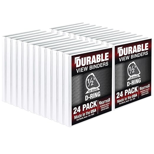 Samsill Durable 0.5 Inch Binder, Made in The USA, D Ring Binder, Customizable Clear View Cover, White, 24 Pack, Each Holds 125 Pages