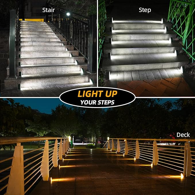 NIORSUN Solar Step Lights 6 Pack - Outdoor Stair Lights with 3000K Warm White & 6000K Cool Daylight, IP67 Waterproof, Auto On/Off, Super Bright for Deck, Patio, Steps