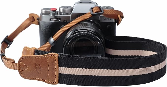 Padwa Lifestyle Black Striped Camera Strap - 1.5" Double Crazy Horse Cowhide Head Cotton Camera Straps,Adjustable Neck Shoulder Universal Woven Straps for All DSLR Cameras and Photographers Gift