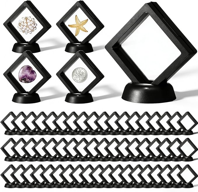 60 Pcs 3D Floating Display Case, Plastic Coin Holder with Stand for Challenge Coins, Medallions, Jewelry, Rocks and Specimens, 2.76x2.76x0.79 Inch Protective Frame, Black