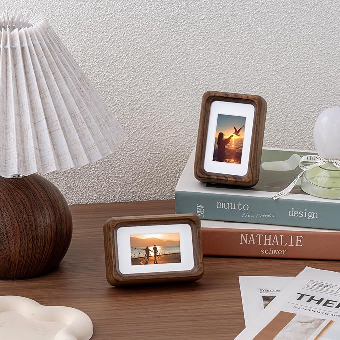 Kattepote 3 inch Wooden Mini Instant Photo Frames, with Mat for 1x2 inch Photo, Natural Walnut Wood Mini 2 x 3 inch Tabletop Picture Frame Instant Camera Photo Frames (Walnut)