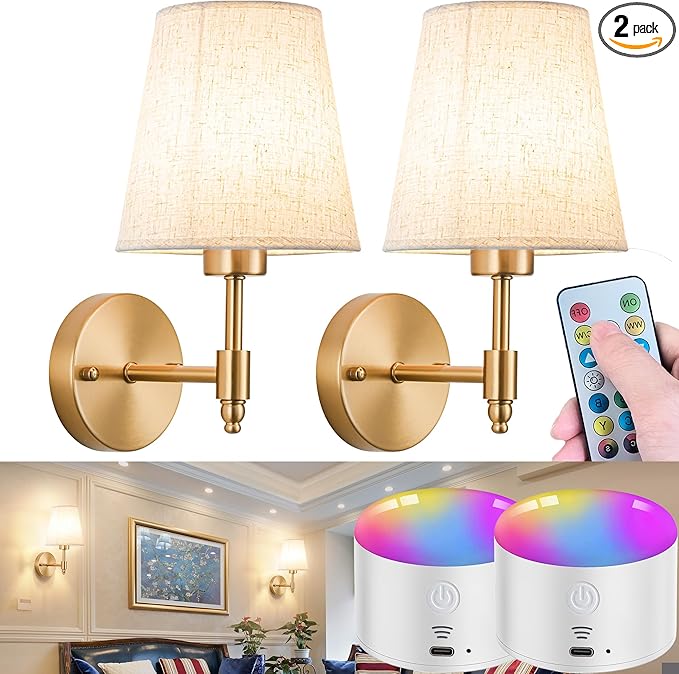 Battery Operated Wall Sconces Set of Two, Indoor Wireless Wall Mounted Lamp with 10000mAh Dimmable Bulb and Remote, RGB Colors Rechargeable Wall Light for Bedroom Living Room Decor