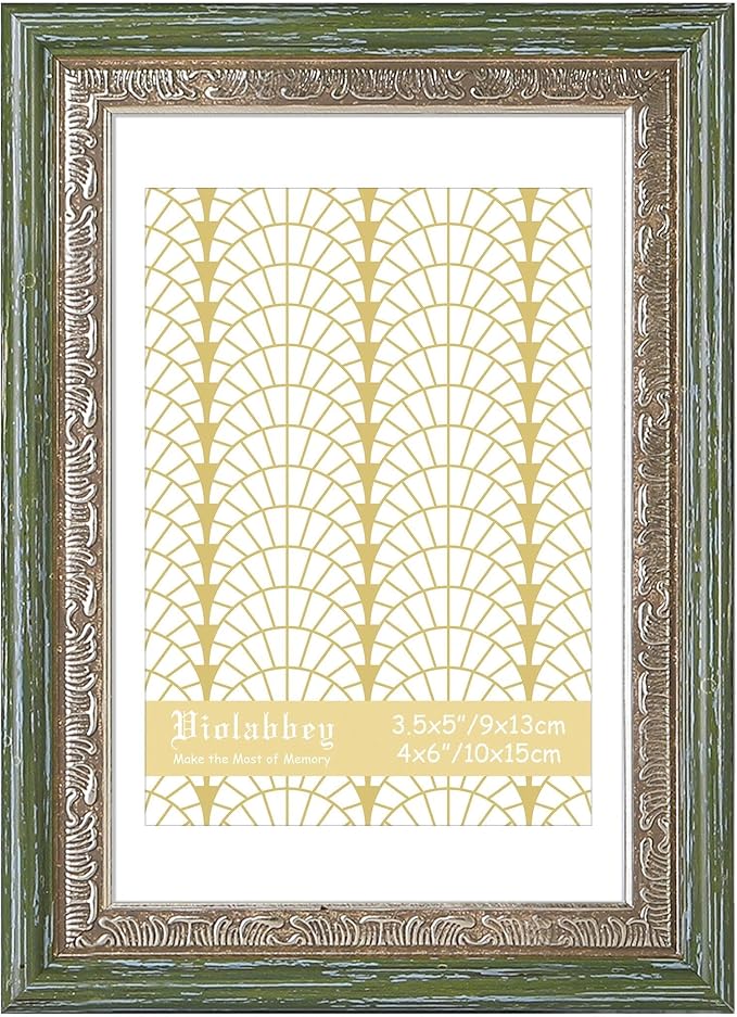 VIOLABBEY 4x6 Picture Frame Green Gold, Display 3.5x5 Photo with Mat or 4x6 without Mat, Ornate Vintage 4 x 6 Frame for Wall Decor or Tabletop Display, Green Gold