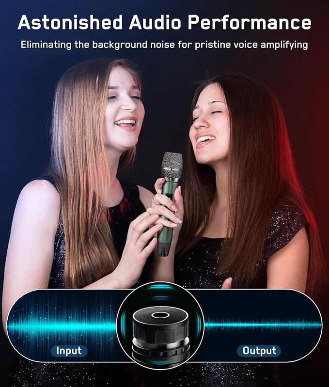 Rechargeable Wireless Microphone, Two Metal UHF Microphones with 1/4" Receiver, Plug-and-Play for Karaoke Singsing, Lecture, Stage Performance, PA System (Green - One Mic)