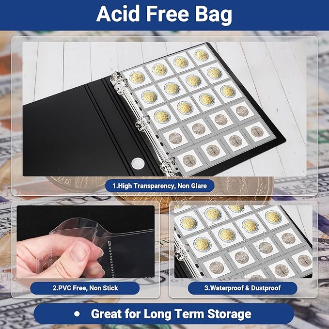 ENPOINT 600 Pockets Acid Free Coin Sleeves, Non Stick and Non Glare, Fit for Coin Flips 2x2 inch, 3 Ring Binder Sleeves Clear Plastic Stamp Collecting Supplies, 30 Pack