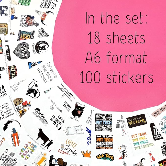 BulbaCraft 100Pcs Funny Vet Tech Stickers, Veterinary Technician Decals - Vet Tech Gifts Bulk, Veterinary Technician Present, Gifts for Women & Men