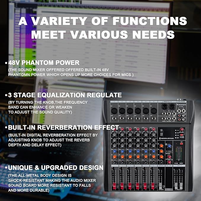 6 Channel Professional Audio Mixer Console Sound Board with 48V Phantom Power,USB Audio Interface for Live Show,Streaming Recording Music Stage Karaoke