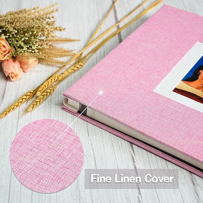 Vienrose Photo Album Self Adhesive for 2x3 4x6 5x7 8x10 Pictures DIY Scrapbook 60 Blank Pages Linen Cover Memory Book for Wedding, Baby Growth, Travel, Pink