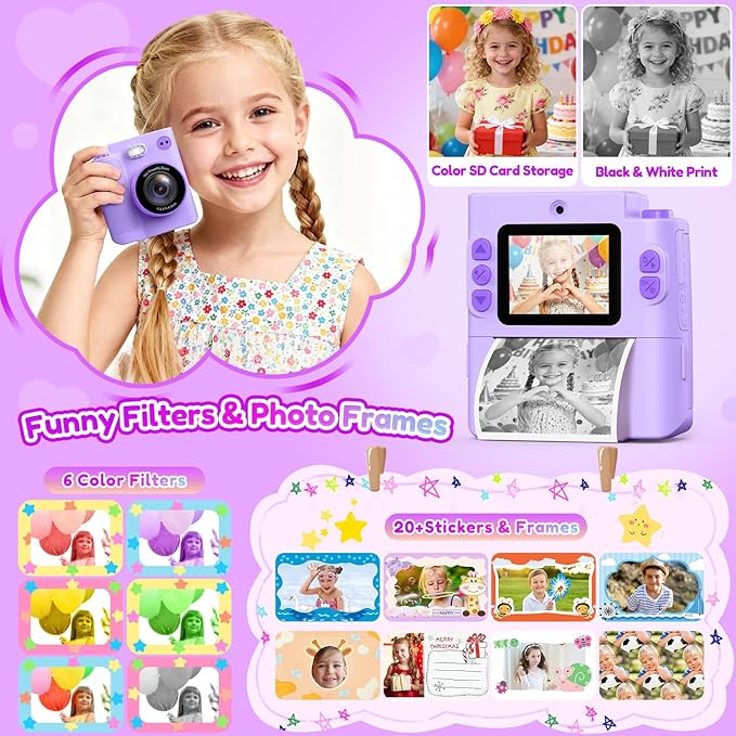 Kids Camera Gift for Girls: Selfie Digital Instant Print Cameras HD Toys for Kids Teen Girls Boys Ages 3 4 5 6 7 8 9 10 12 Birthday Christmas Valentines Easter Gifts with 32G SD Card Purple