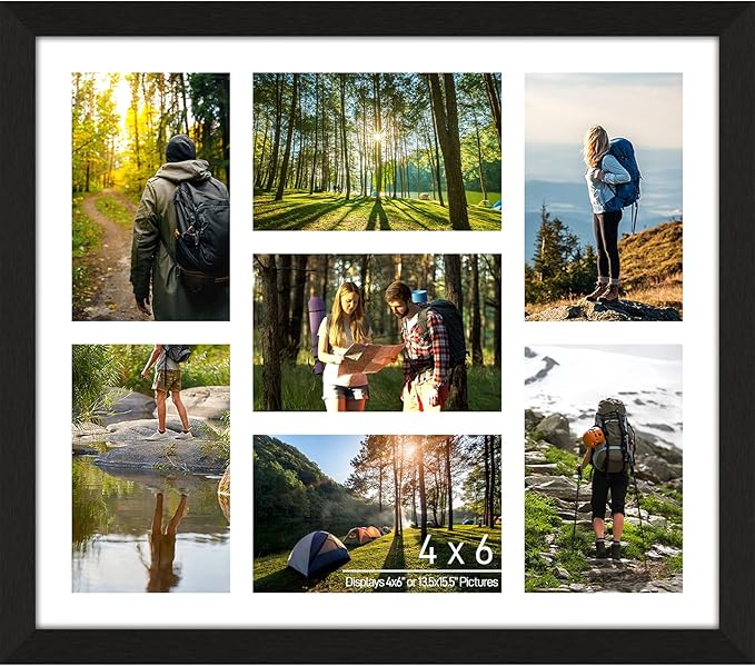 4x6 Picture Frame Collage 7 Openings, 13.5"x15.5" Multi Photo Collage Frame 4"x6" Gallery Wall Decor Wooden, Black Frame with White Mat, Wood