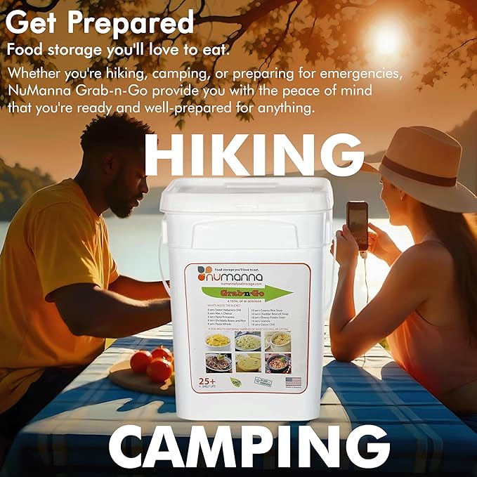NuManna Grab-n-Go Bucket– 80 Servings, 12 lbs Freeze-Dried Premade Meals | 25+ Year Shelf Life | Non-Perishable, Ready-to-Eat Breakfast & Dinner, Everyday Meals & Pantry Essentials | Emergency, Camping & Survival Food Kit | Made in USA