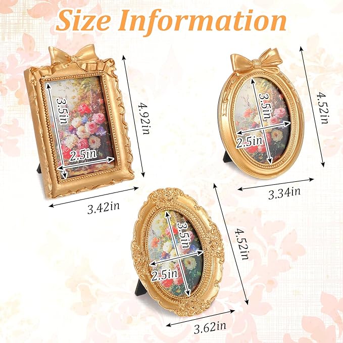 3Pcs Small Vintage Picture Frames, 2.5 x 3.5 Inch Gold Vintage Baroque Mini Gold Frames, Oval Rectangle Ornate Table Top Display Frame for DIY Jewelry Display Photography Mobile Photo Wedding Decor