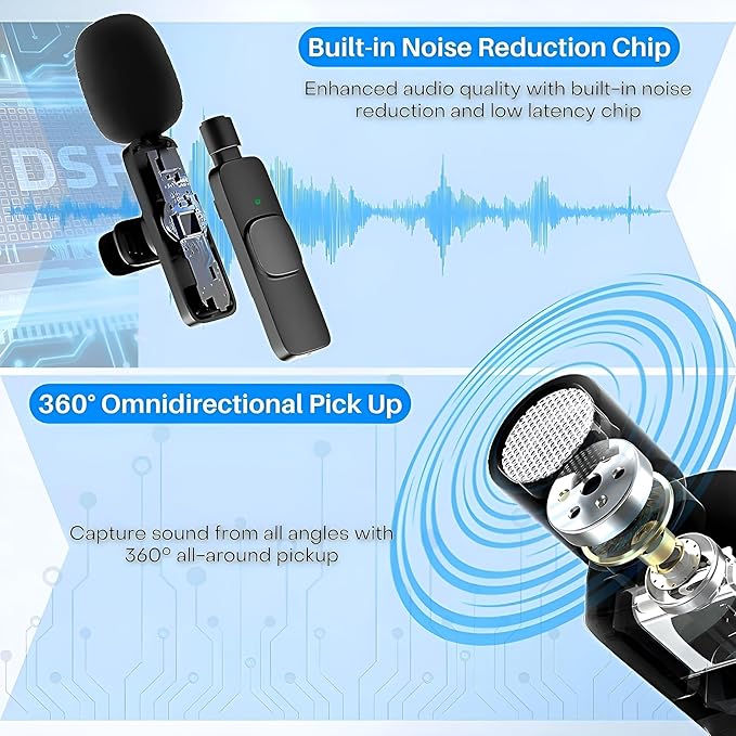Wireless Microphone for iPhone 15 USB-C Compatible with Samsung s24 & iPhone 15 Series - Wireless Lavalier Microphone for Android - USB C Microphone for Video Recording and Tiktok (2 in 1)