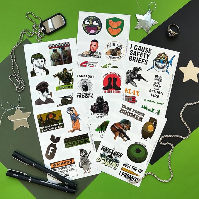 BulbaCraft 100Pcs Funny Army Stickers and Decals — Small Vinyl Military Stickers and Decals for Hard Hat & Helmets, Military or Army Gifts, Gifts for Women & Men