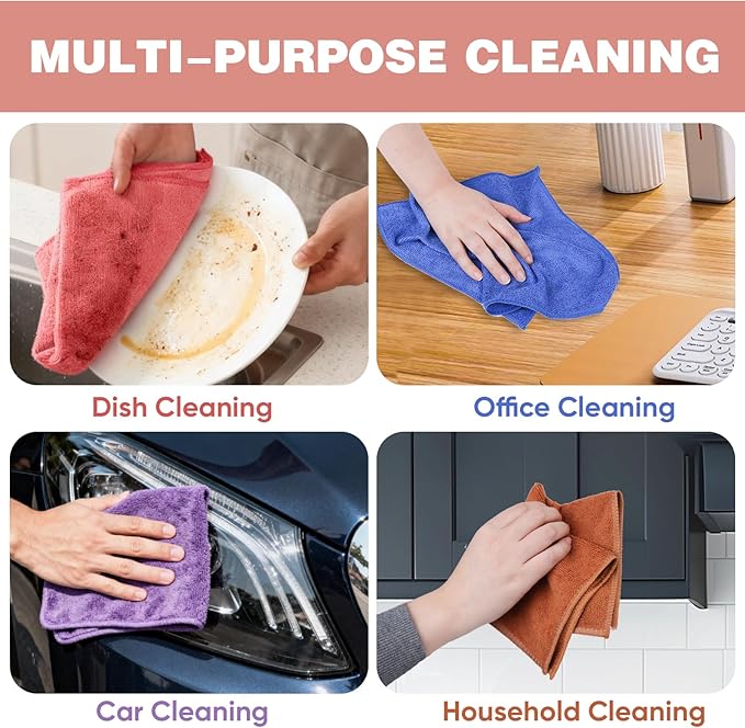 10 Colors Microfiber Cleaning Cloths, 50 Pack Assorted Cleaning Rags, Highly Absorbent Microfiber Towels for Car, Kitchen, Bathroom and Household Cleaning, 11.8"X11.8"