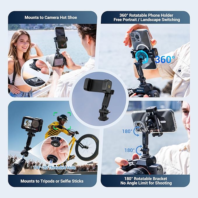 JJC Camera Phone Holder Phone Tripod Mount Adapter for iPhone Smartphone, Cold Shoe Mount for DSLR DJI Osmo Action Osmo 360, Insta360 Ace Pro, GoPro Hero Camera Photography Accessories