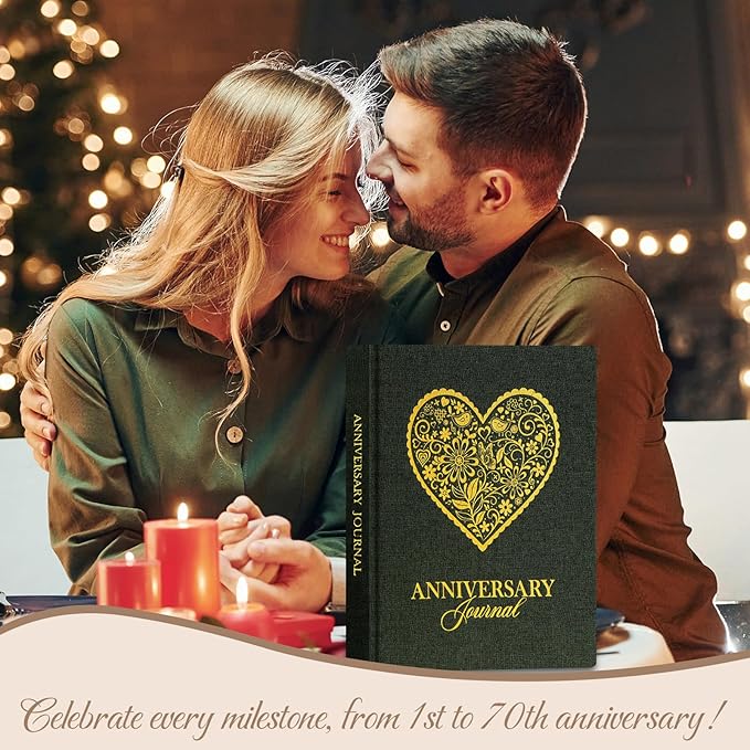 Lanpn Wedding Anniversary Journal Book, Linen Dating 1st to 70th Couple Memory Book Wedding Scrapbook, 190 Pages Love Stories Notebook Newlywed Marriage Anniversary Bridal Shower Gift, Green