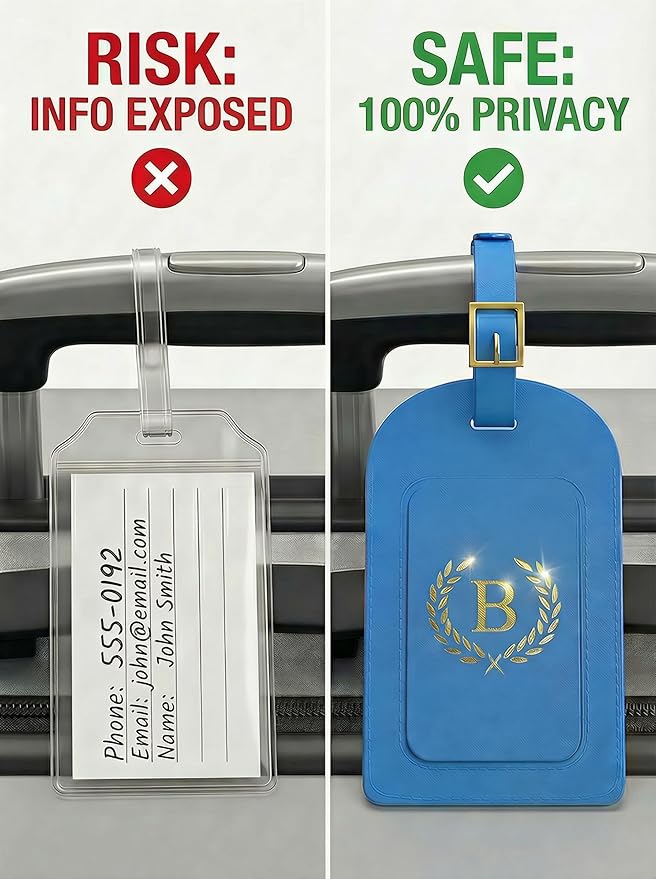 Luggage Tags for Suitcases 6 Pack PU Leather Travel Bag Tags with Privacy Cover & Stainless Steel Buckle, Vegan Leather Name ID Labels for Travel Bags, Cruise, Airline, Backpack, Baggage Identifier(A)
