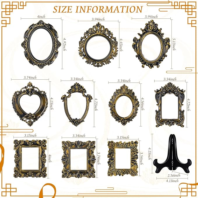 Tatuo 20 Sets Mini Picture Frames and Display Stands Vintage Resin Picture Frame Resin Holder for Home Office Bedroom Living Room Wedding Decor (Black and Gold)