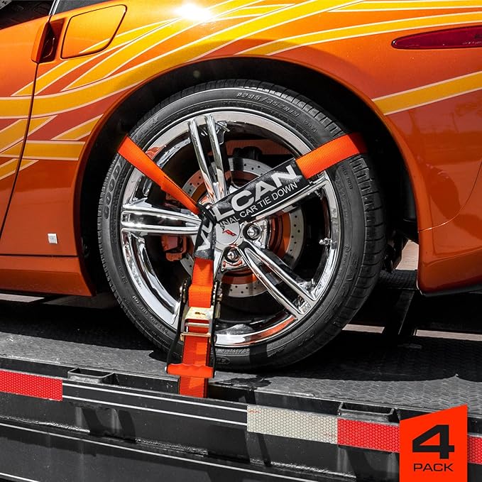 VULCAN Car Tie Down with Flat Hooks - Lasso Style - 2 Inch x 96 Inch - 4 Pack - PROSeries - 3,300 Pound Safe Working Load