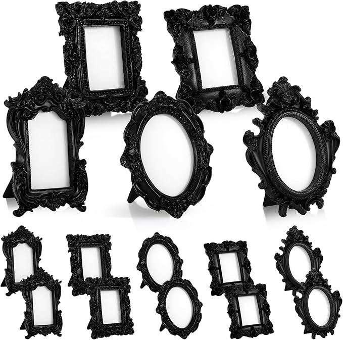 Maitys 15 Pcs Mini Picture Vintage Frames with Stands Tiny Antique Photo Baroque Ornate Resin Oval Frame Table Top Display Home Wedding Decor (Black)