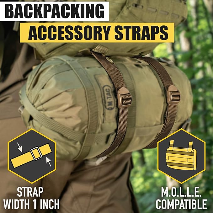 M-Tac Pack of 2X Utility Strap for Backpack Tactical Lashing for MOLLE Gear Plastic Buckle (Coyote, 50 inches)