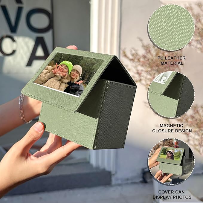 CAIYOULE Picture Holder Case for Fujifilm Instax Wide/EVO/Wide 400/300/210/Polaroid I-Type/Now/OneStep/GO Instant Camera Films, Photo Storage Box with Photo Pouch Can Hold 50+ Films, Green