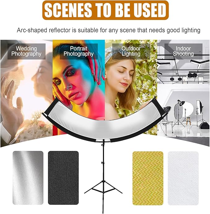 Clamshell Light Reflector Diffuser with Stand and Carrying Bag, 70"x24"/180x60cm Arclight Curved Lighting Reflector for Photo Studio Photography with White/Gold/Silver/Black Colors by MCCKLE