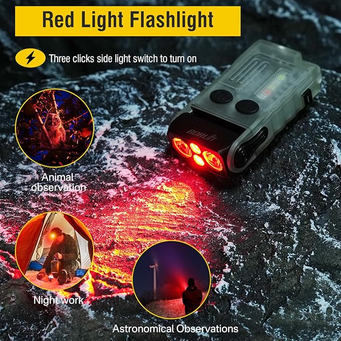 BORUIT V20 Small Powerful Flashlight Super Bright with Red Blue Warm Light, 180° Head Swivels 110dB Buzzer - Mini Keychain Pocket Rechargeable LED Flashlights USB EDC Clip Flash Light
