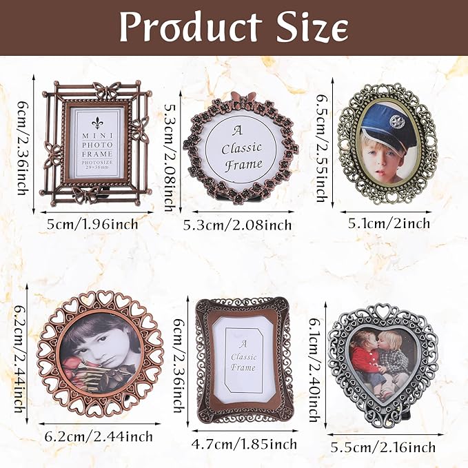 6 Pcs Mini Vintage Picture Frame,1 Inch Size Picture Frames Tiny Metal Pictures Frames 1" Antique Mini Pictures Frame for Tabletop and Wall Display Old Fashioned Photo