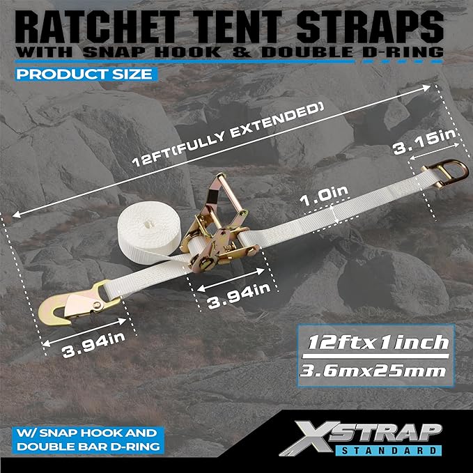 XSTRAP STANDARD 4PK 1" Ratchet Tent Straps with Snap Hook & Double D-Ring - 12ft Heavy Duty Tie Downs for Canopies, Tents, Inflatables, Camping, Event