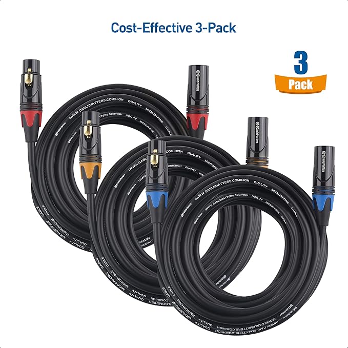 Cable Matters 3-Pack Color-Coded Premium Shielded XLR Cables - 25ft, Oxygen-Free Copper (OFC) XLR Microphone Cable Male to Female, Black