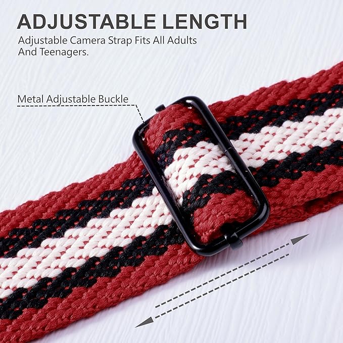 Padwa Lifestyle Adjustable Camera Strap - 2" Top Layer Cowhide Head Camera Straps for Photographers,Soft Cotton Rope Crossbody Strap with Quick Release fits All Cameras - Red Black Stripe