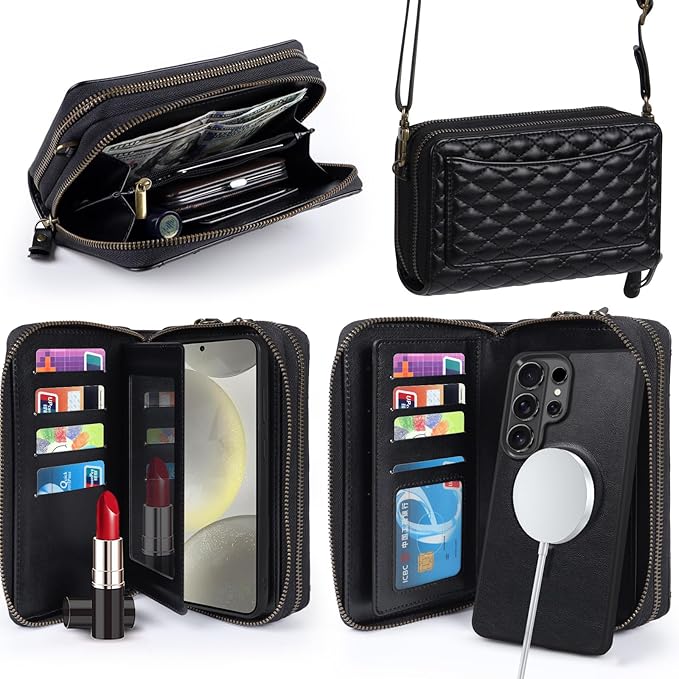 Harryshell Compatible with Samsung Galaxy S26 Ultra Case Wallet Multi Zipper Detachable Removable Cover Purse with Card Slots Holder Mirror Crossbody Strap (Compatible with Magsafe - Black)