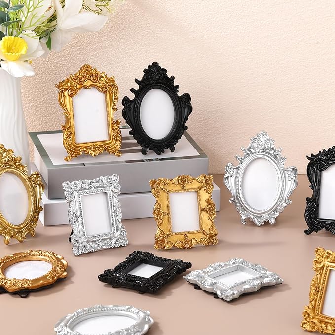Maitys 15 Pcs Mini Picture Vintage Frames with Stands Tiny Antique Photo Baroque Ornate Resin Oval Frame Table Top Display Home Wedding Decor (Multicolor)