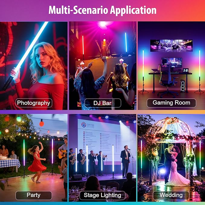 2 Pack 3ft RGB Tube Light Portable 5000mAh Battery Powered LED Light Stick with Stand, Music Sync, Ambient Lighting for Video Studio Photography DJ Bar Stage Club Party Wedding Gaming Rooms
