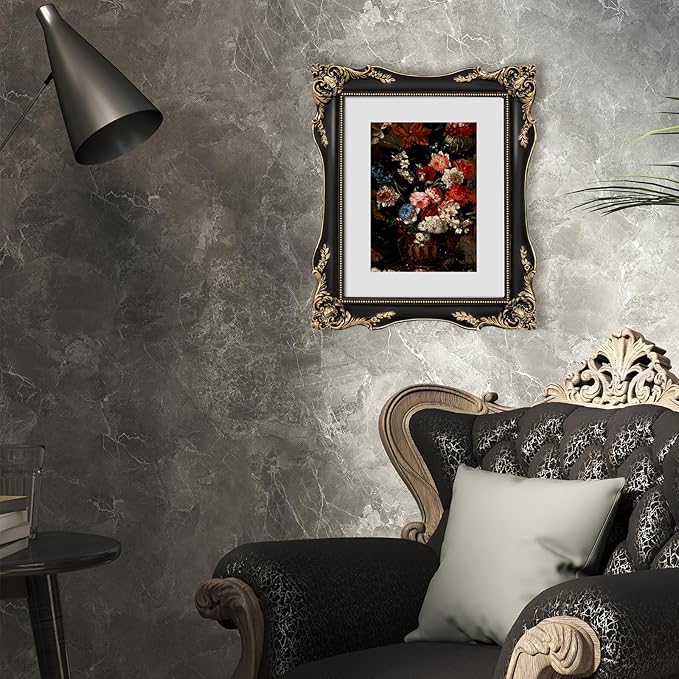 8x10 Black Vintage Picture Frame with Mat for 5x7 or 8 x 10 Photos, Ornate Baroque Gothic Victorian Frames, Tabletop or Wall Display, Antique Home Decor Accent