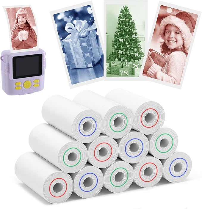 12 Rolls 3-color Kids Camera Paper Roll Refill - Color-Developing Red Green Blue, Thermal Instant Camera Photo Printer for 4 5 6 7 8 9 10 Year Old Girls Boys Birthday Gifts