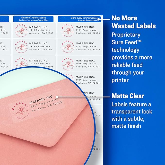 Avery Matte Clear Return Address Labels,Sure Feed Technology,Inkjet, 2/3" x 1-3/4",600 Labels,5 Packs (18695)
