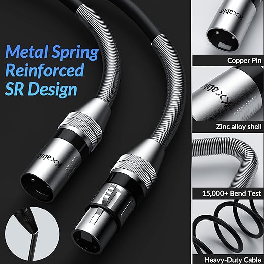 XLR Microphone Cable 8 FT, XLR Male to Female Balanced Mic Cable, 3-Pin Shielded Speaker Cord, Zinc Alloy Connectors, 22AWG Pure Copper, Metal Spring SR, Recording Studio, Podcast, Black