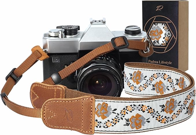 Padwa Lifestyle Camera Strap - 1.5" Crazy Horse Cowhide Head Cotton Strap,Vintage Embroidery Camera Straps for Photographers and All Cameras,Cute Adjustable Shoulder Neck Strap for Adults & Kids
