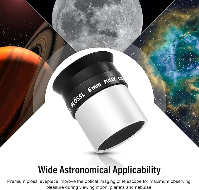 Astromania Telescope Eyepiece 6mm Plossl, 1.25 Inch Telescope Accessory Eyepiece Fully Multi Coated 4-Element Plossl Design, Metal 50 Degree Apparent Field of View for Astronomy Telescopes & Filters
