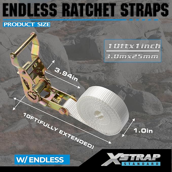 XSTRAP STANDARD 4PK 1" Endless Ratchet Straps - 2500lbs Breaking Strength Heavy Duty White Tent Securing Straps, Track Spring Fittings, 10ft Tie Downs for Tents/Trailers/Kayaks