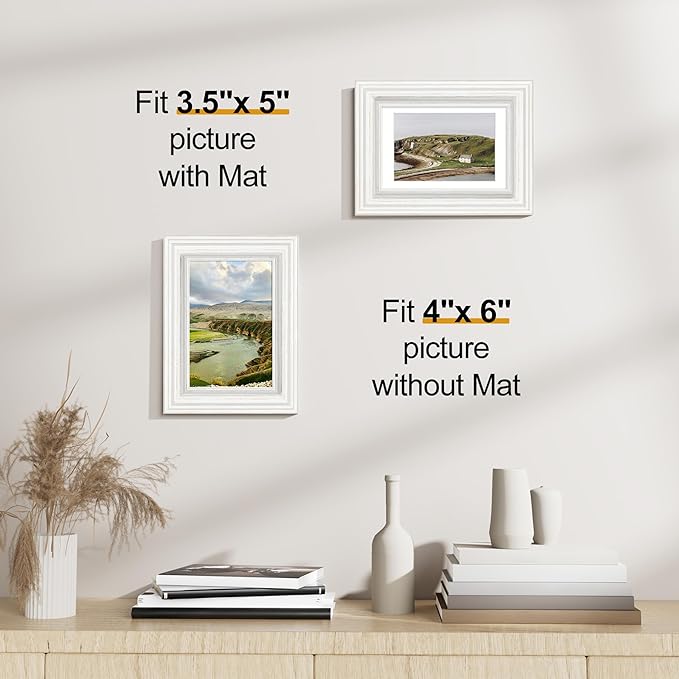 Vittanly 4x6 Picture Frames Set of 2, Ornate Vintage Photo Frame for Wall or Tabletop, Display 3.5x5 Pictures with Mat or 4x6 without Mat, Rustic White