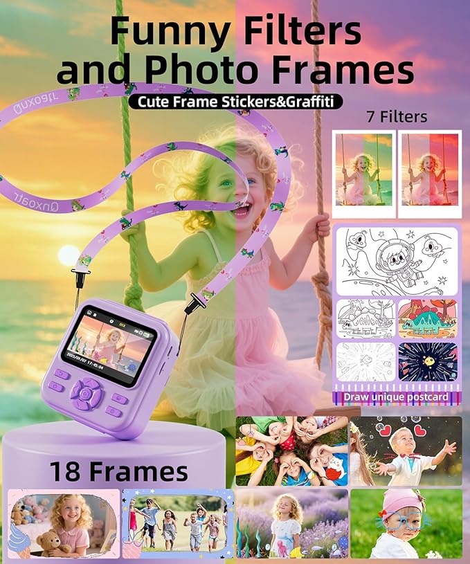 Kids Camera Instant Print for Boys and Girls, 48MP HD Cameras w/1080P Video, Print Paper, 32GB Card, Brush, Christmas Birthday Gifts Toys for Toddler and Teenagers Age 3-16 Years Old (Purple)