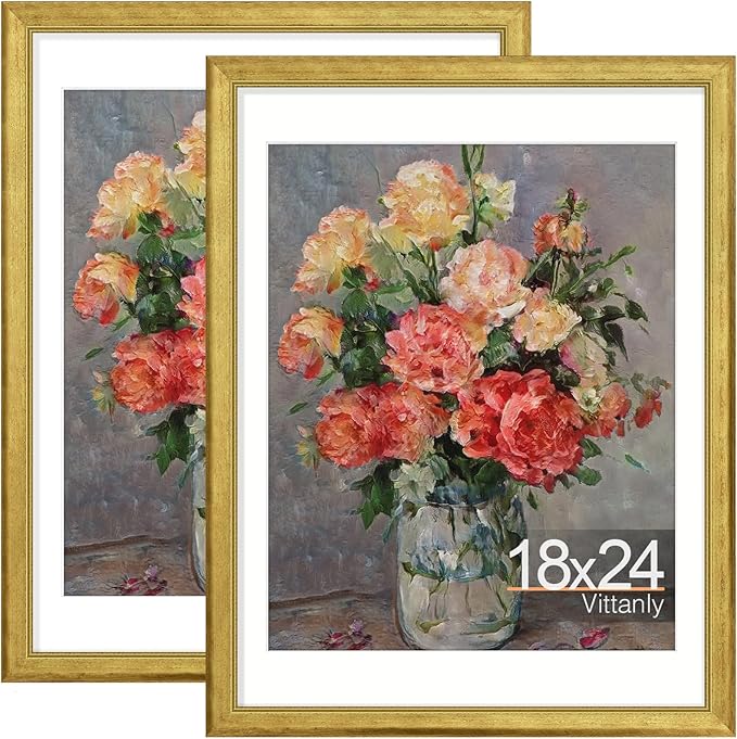 Vittanly 2-Pack 18x24 Picture Frames, Ornate Vintage Wall Mount Frames, Holds 16x20 Photos with Mat or 18x24 Without Mat, Rustic Photo Frames, Rustic Gold