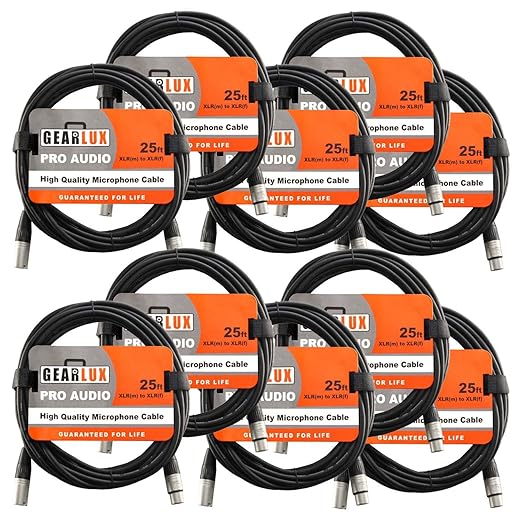 Gearlux XLR Microphone Cable, Fully Balanced, Male to Female, 25 Feet - 10 Pack