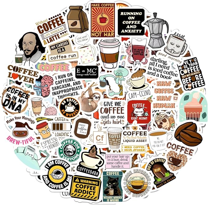 BulbaCraft 100Pcs Funny Coffee Stickers for Planner, Coffee Funny Quote Decals for Laptop, Scrapbook & Water Bottles, Gifts for Women & Men