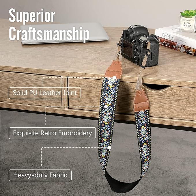 MoKo Camera Strap, Woven Vintage Camera Strap for DSLR Cameras, Adjustable Embroidered Neck & Shoulder Strap for Video Camcorder, Binoculars, and Nikon/Canon/Sony/Minolta Digital Cameras, Vintage Blue